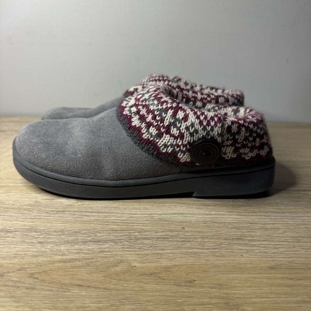 Clarks Slippers Gray Red Womens Sweater Collar‎ Button Suede Upper Cozy Hygge 7